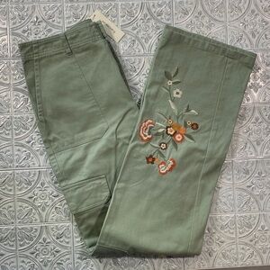 Francesca's Collections Green Cargo Pants with Embroidery Size Medium NWT